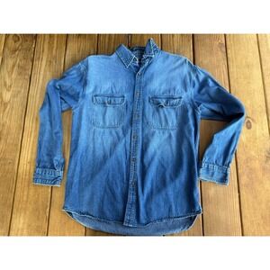 Vintage Faded Glory Shirt Mens Large Blue Jean Denim Utility Workwear Button Up